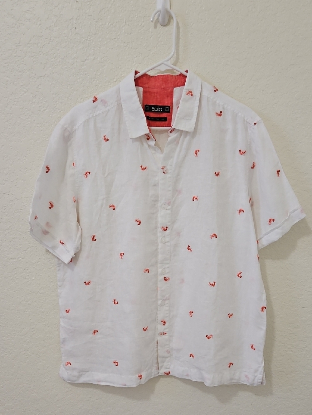 Abito 100% White Short-Sleeve Linen Shirt with Red Embroiderd Shrimp